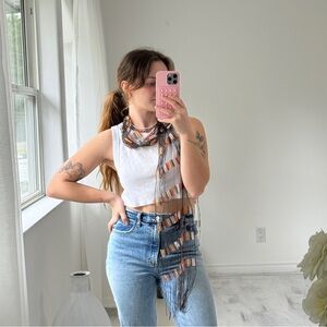 Vintage Metallic Woven Skinny Scarf Boho Ladder Lace Festival Scarf